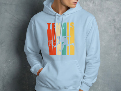 Light blue hoodie with retro tennis player graphic and "TENNIS" text.