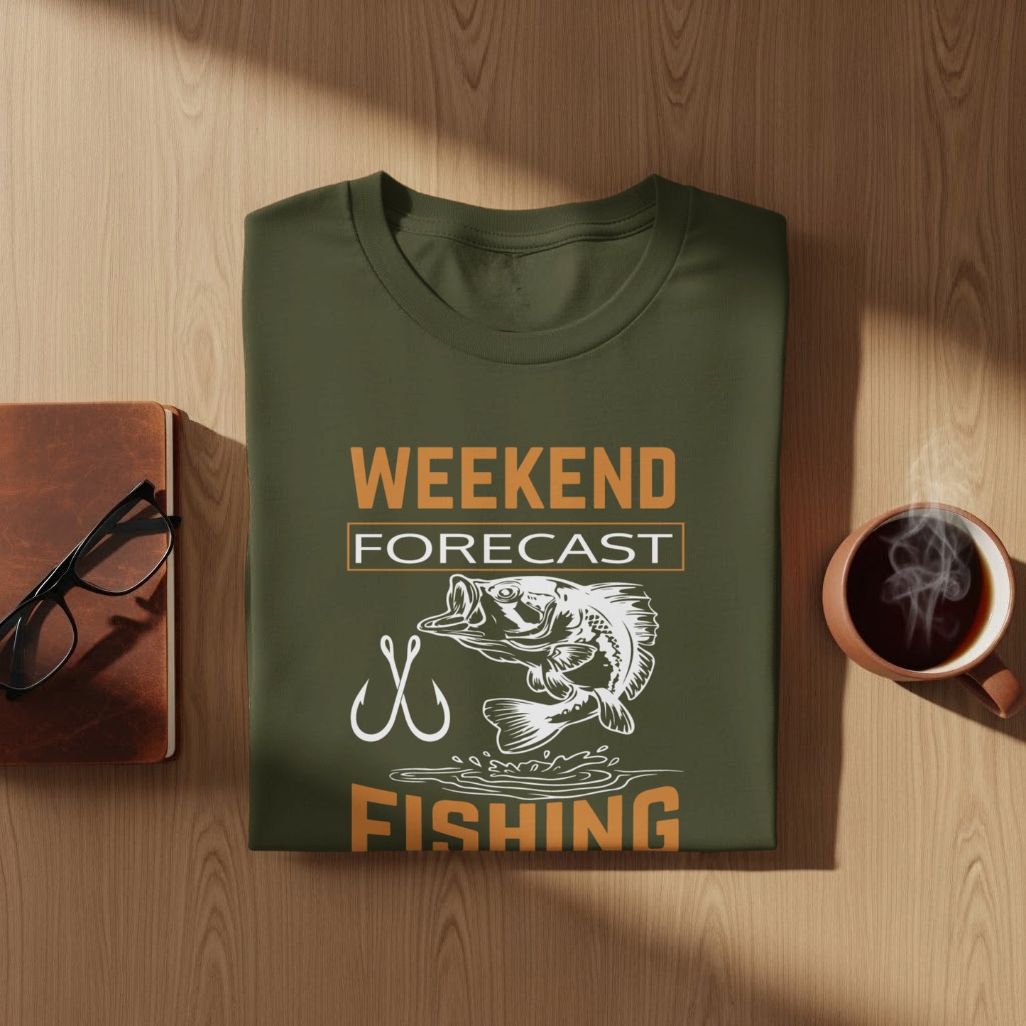 Green t-shirt with "WEEKEND FORECAST FISHING" text and a fish graphic.