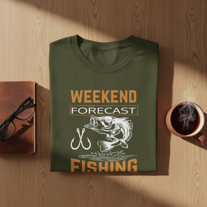 Green t-shirt with "WEEKEND FORECAST FISHING" text and a fish graphic.