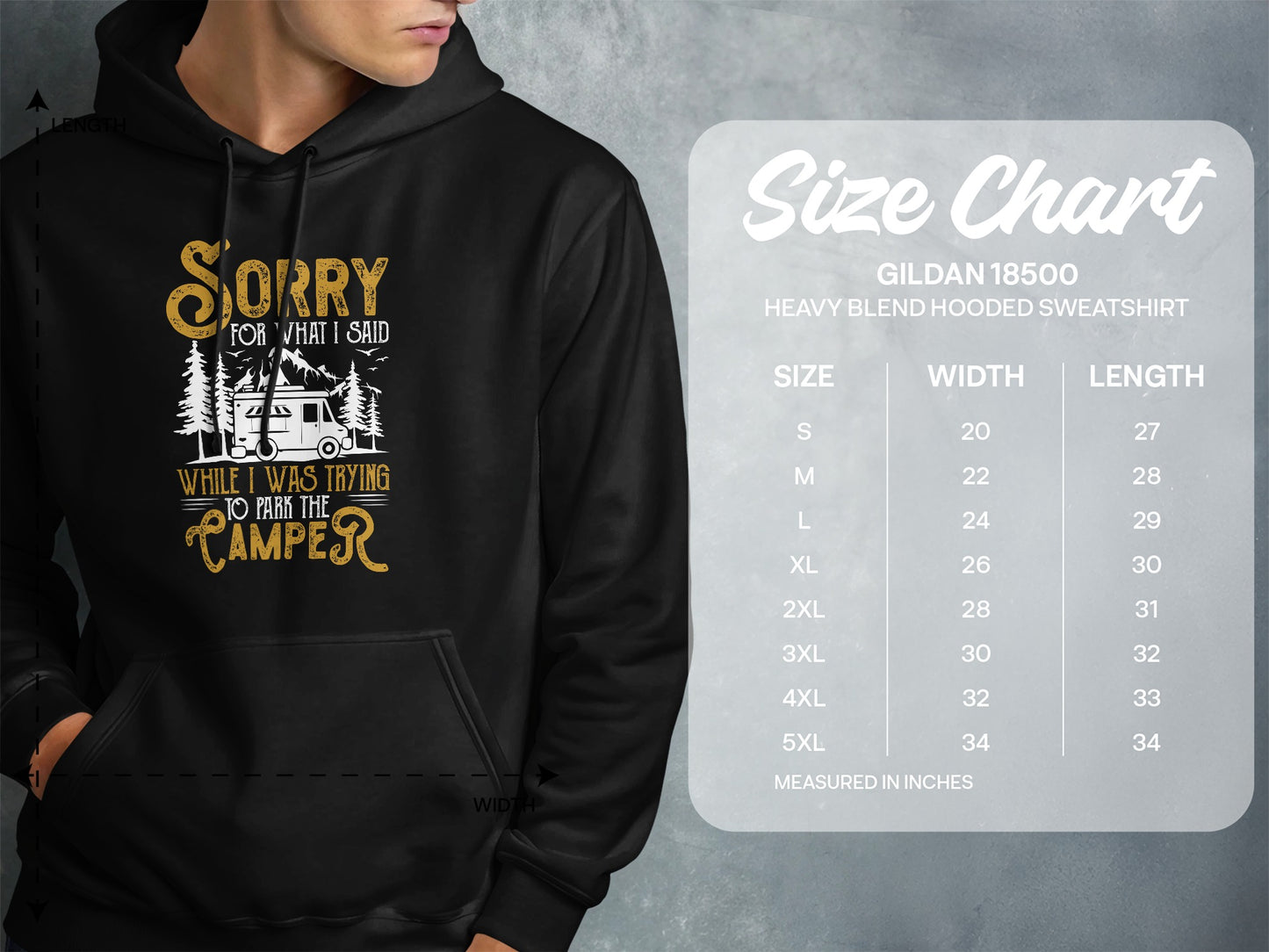 Hoodie with "Sorry for what I said while trying to park the camper" graphic and size chart.
