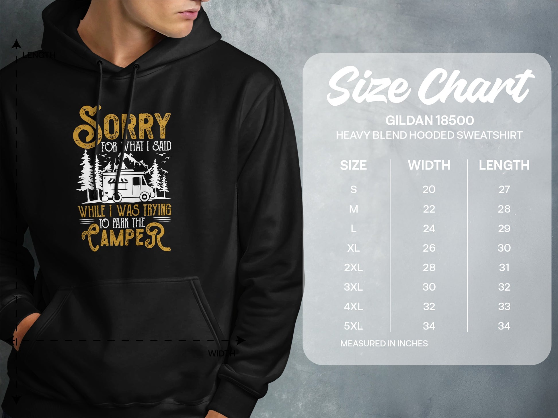 Hoodie with "Sorry for what I said while trying to park the camper" graphic and size chart.