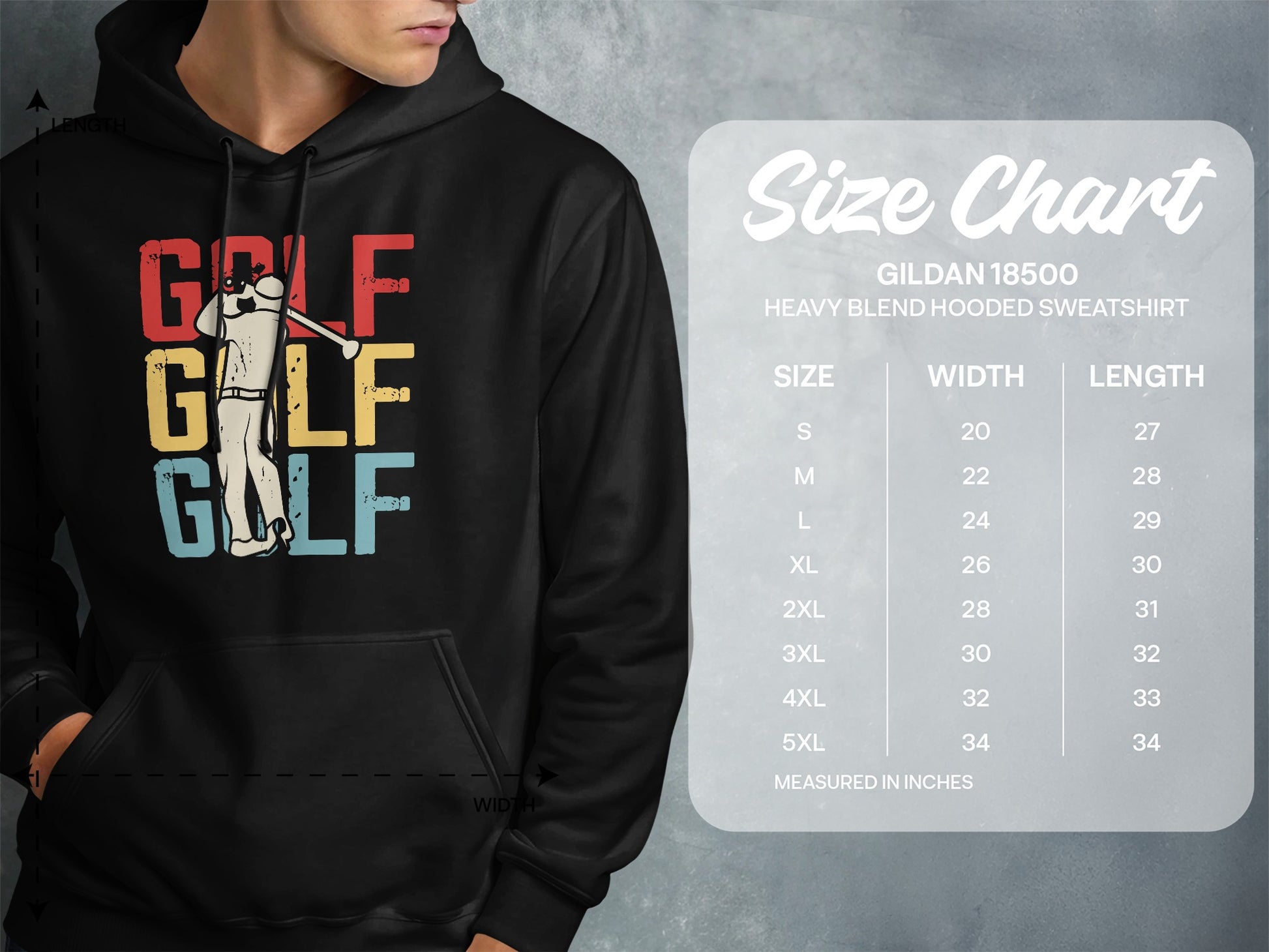 Hooded sweatshirt with "GOLF" repeated in vintage lettering and a size chart.