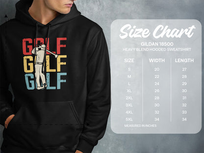 Hooded sweatshirt with "GOLF" repeated in vintage lettering and a size chart.