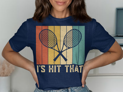 Navy t-shirt with crossed tennis rackets and text "I'S HIT THAT".