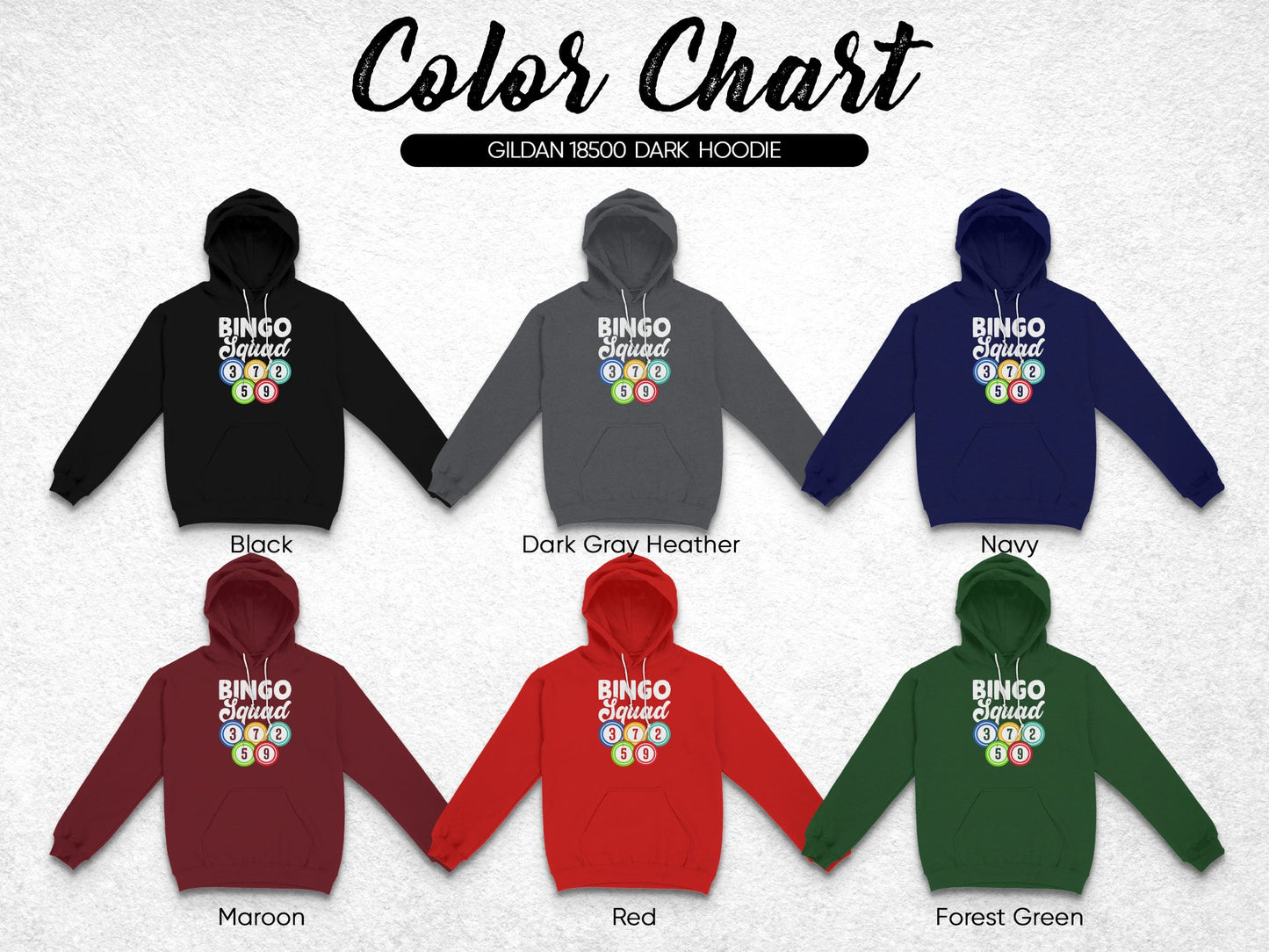Gildan 18500 dark hoodie color chart showing black, heather, navy, maroon, red, and forest green.