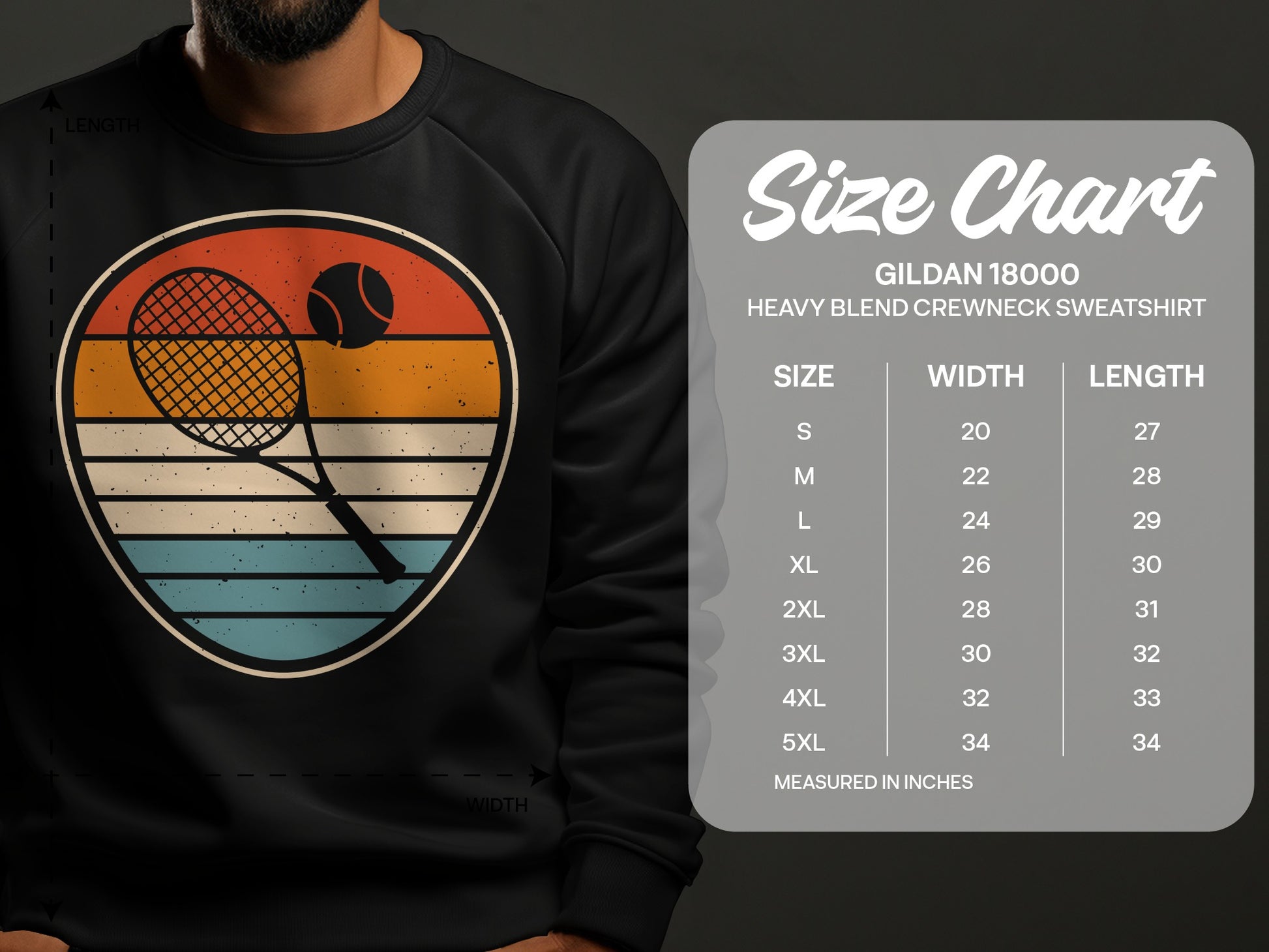 Gildan 18000 sweatshirt size chart with tennis racket graphic.