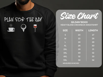 Gildan 18000 sweatshirt size chart with coffee, golf, and wine icons.