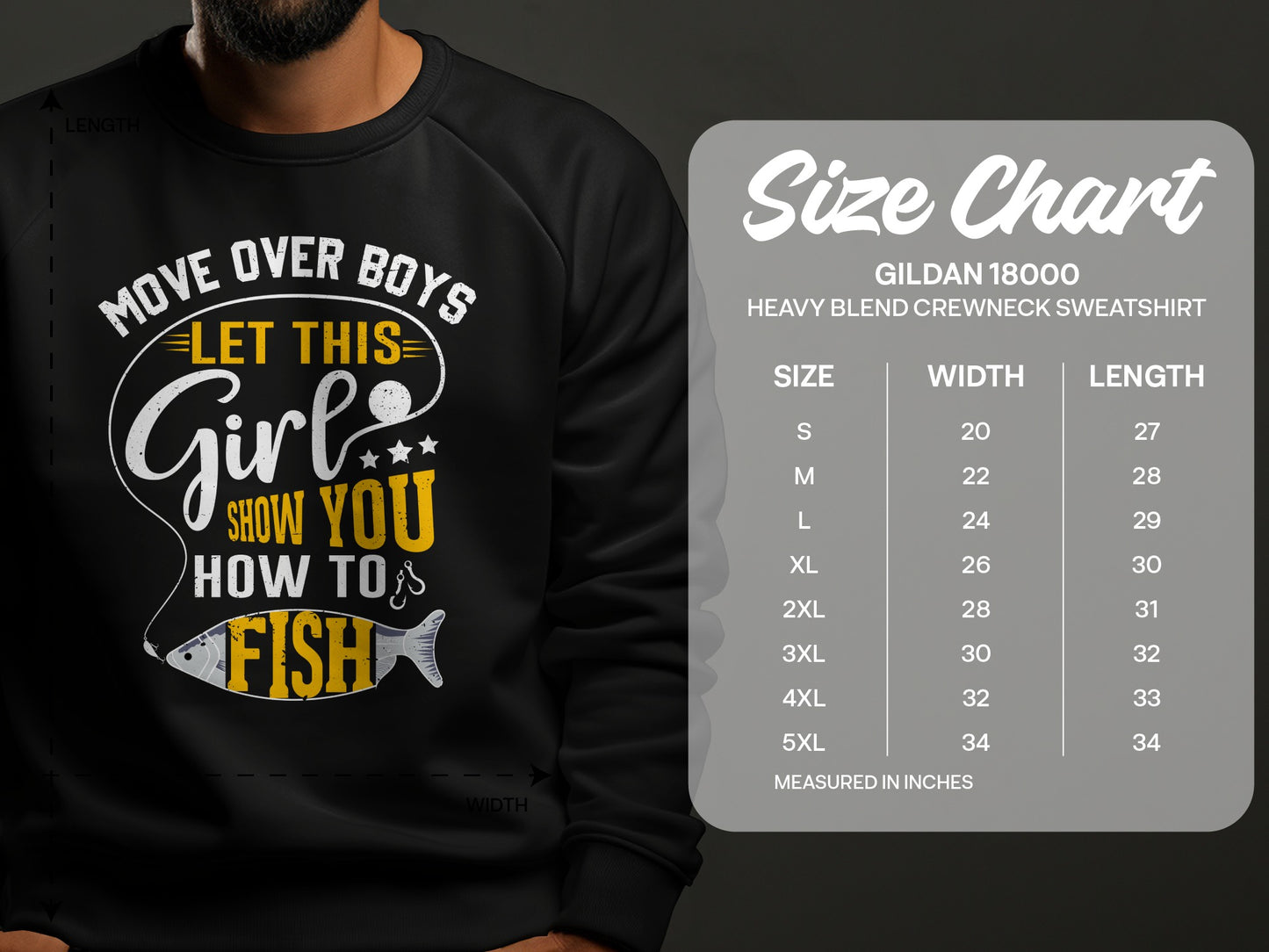 Crewneck sweatshirt with "Move Over Boys, Let This Girl Show You How To Fish" graphic and size chart.