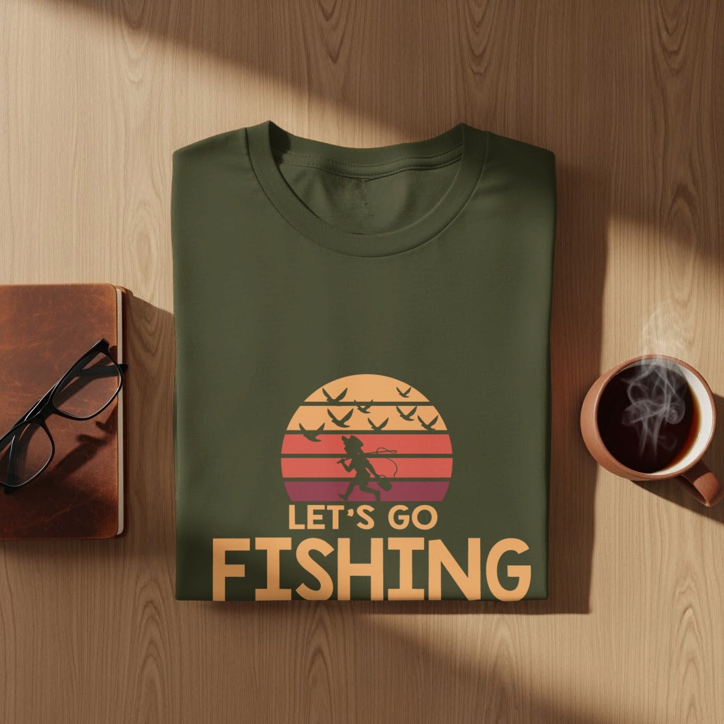 Green t-shirt with "LET'S GO FISHING" text and sunset bird graphic.