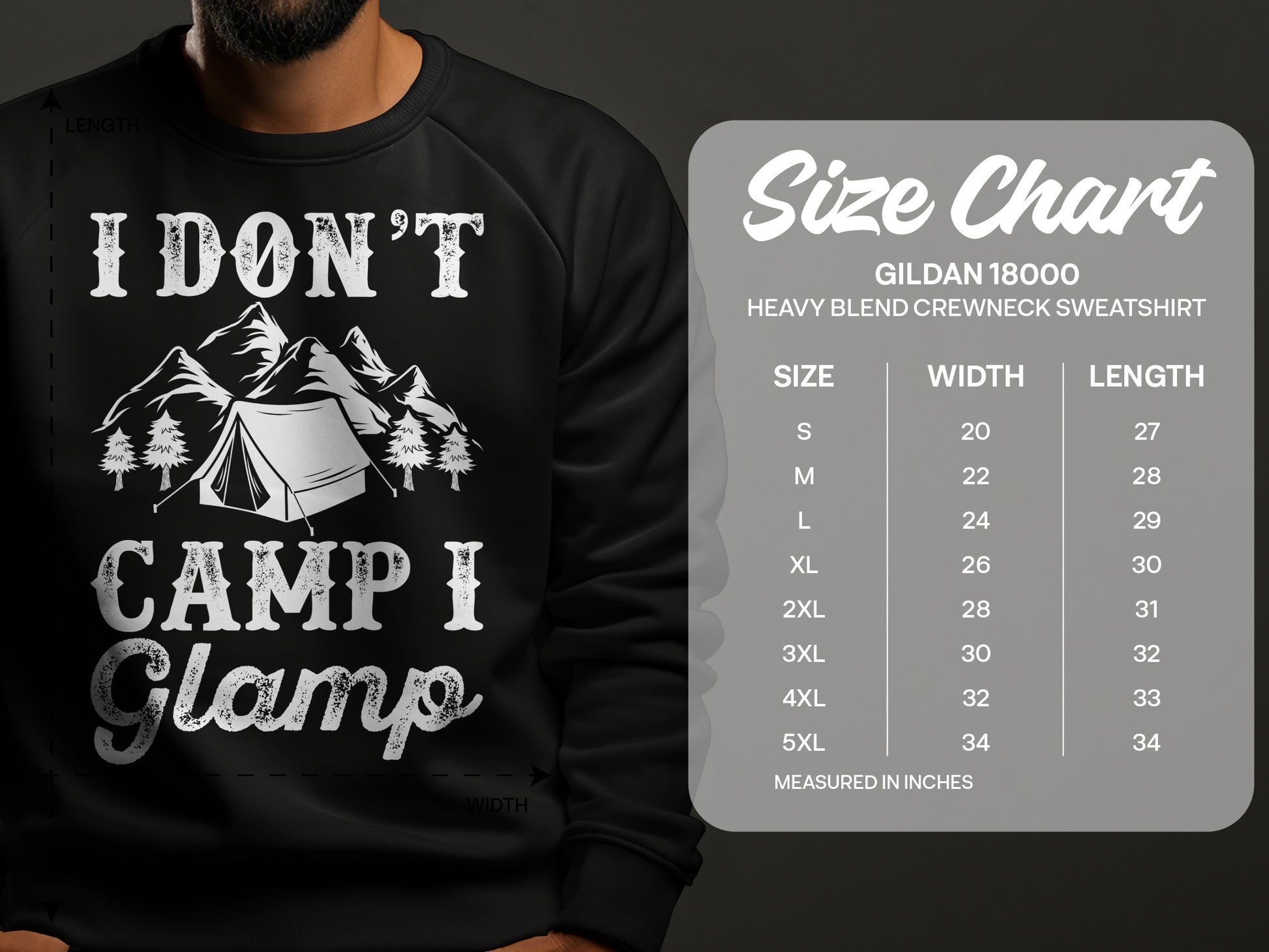 Gildan 18000 sweatshirt size chart with measurements in inches.