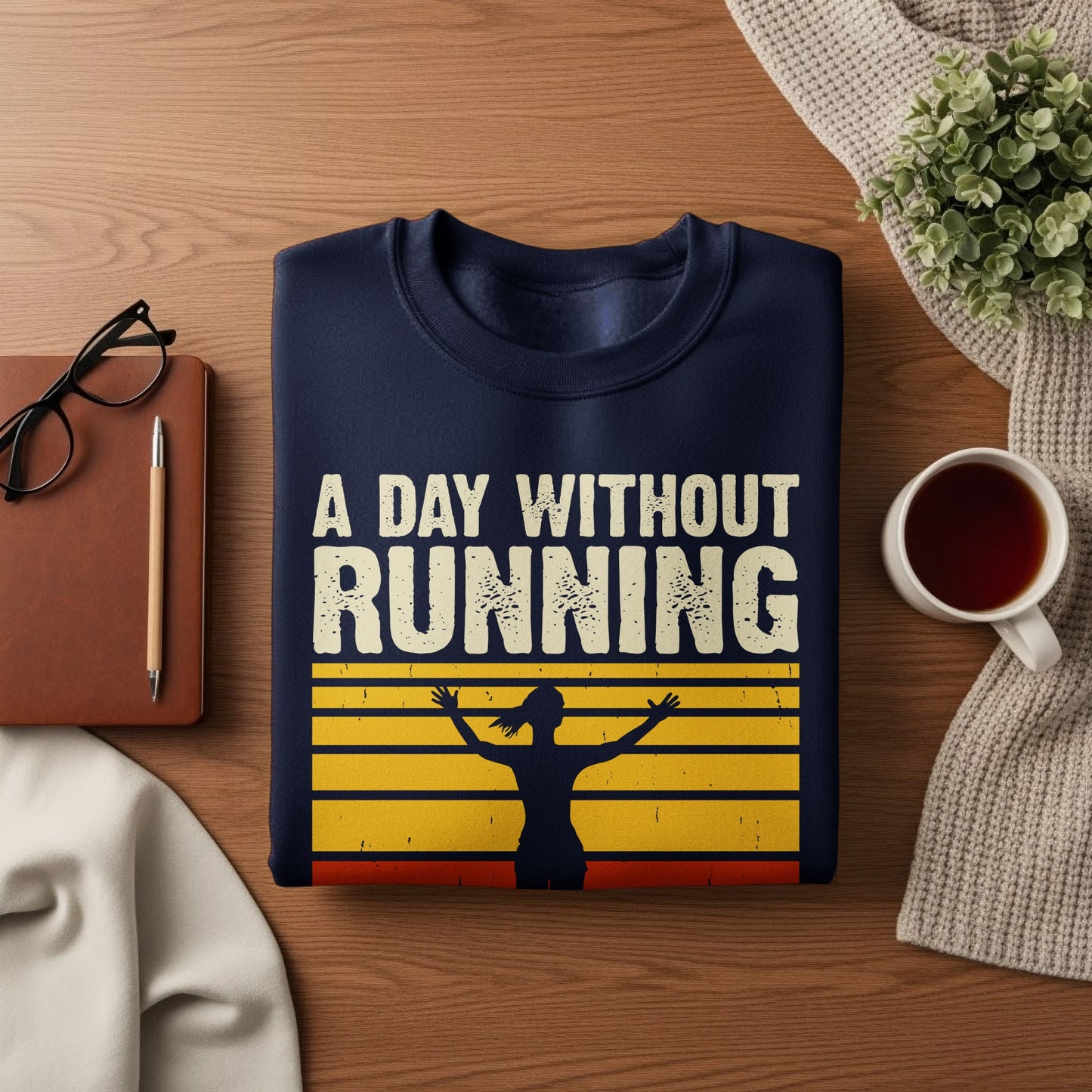 Navy sweatshirt with "A Day Without Running" text and runner graphic.