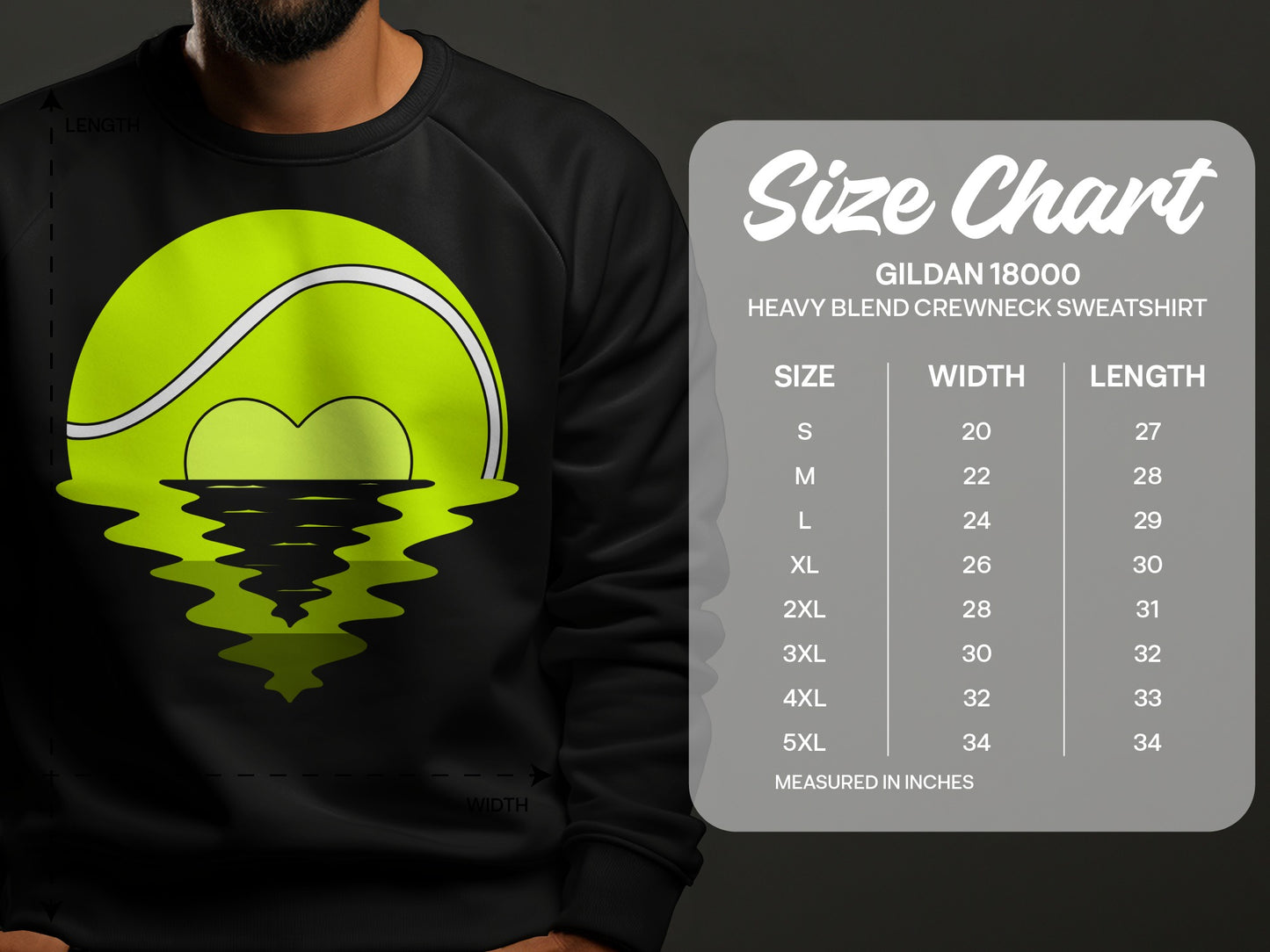 Gildan 18000 sweatshirt size chart with measurements in inches.