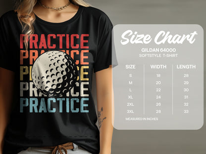 T-shirt with golf ball graphic and "PRACTICE" text, next to a size chart.