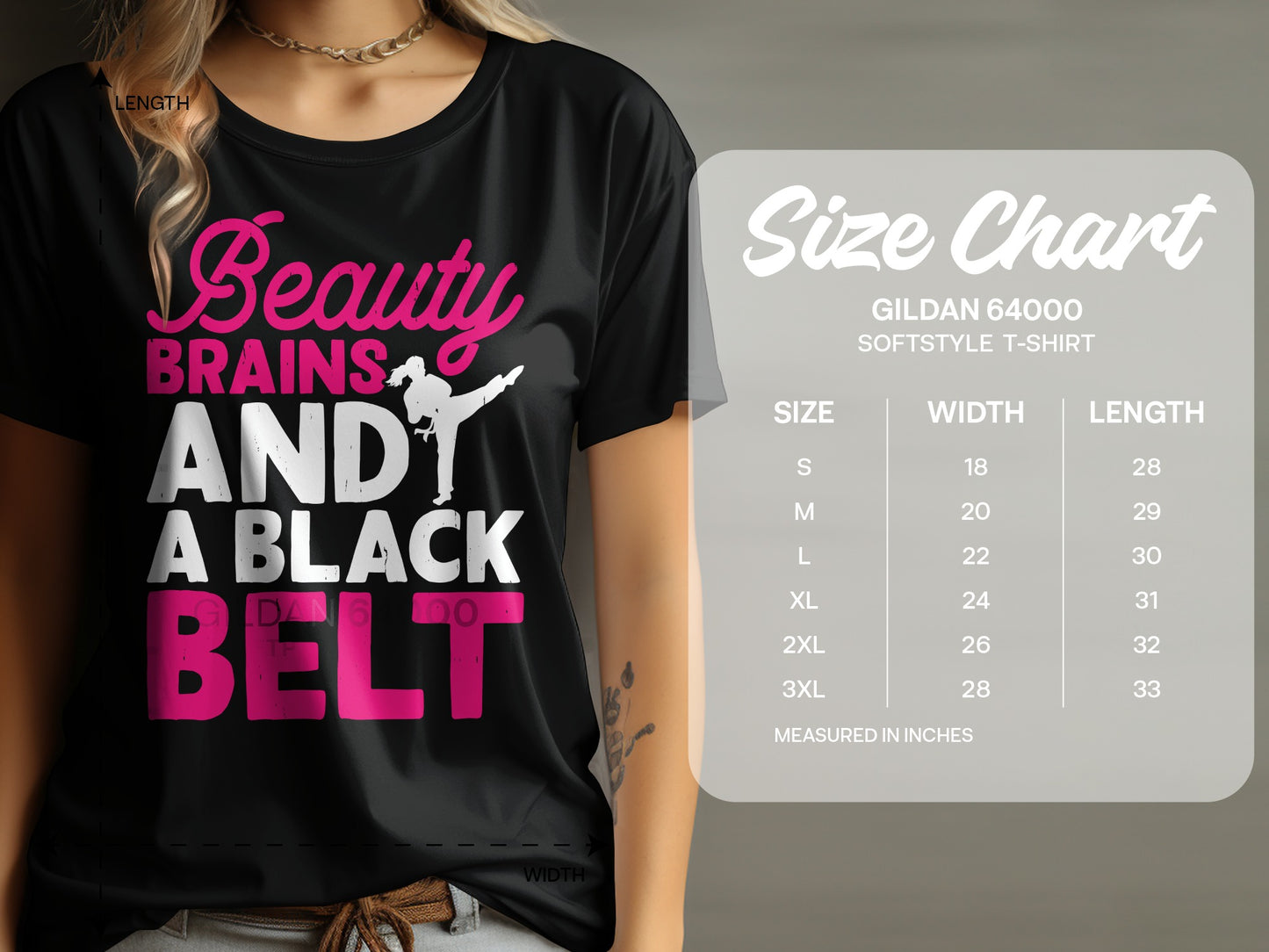 Black belt t-shirt with "Beauty Brains And A Black Belt" text and size chart.