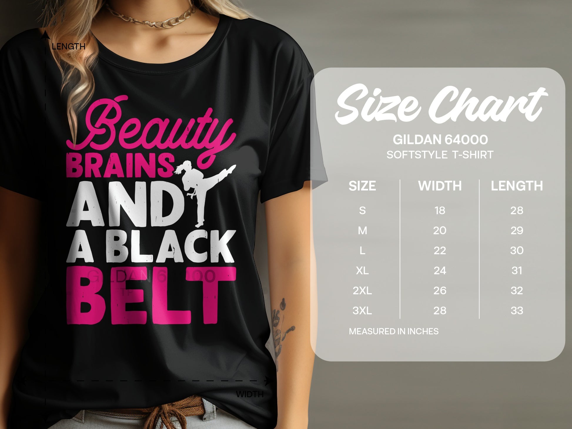 Black belt t-shirt with "Beauty Brains And A Black Belt" text and size chart.