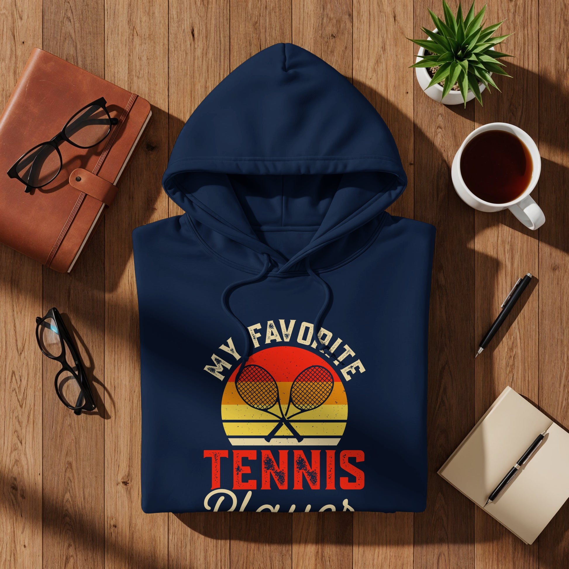 Navy blue hoodie with "My Favorite Tennis Player" graphic featuring crossed rackets.