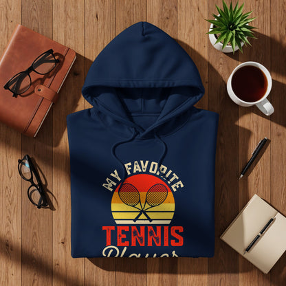 Navy blue hoodie with "My Favorite Tennis Player" graphic featuring crossed rackets.