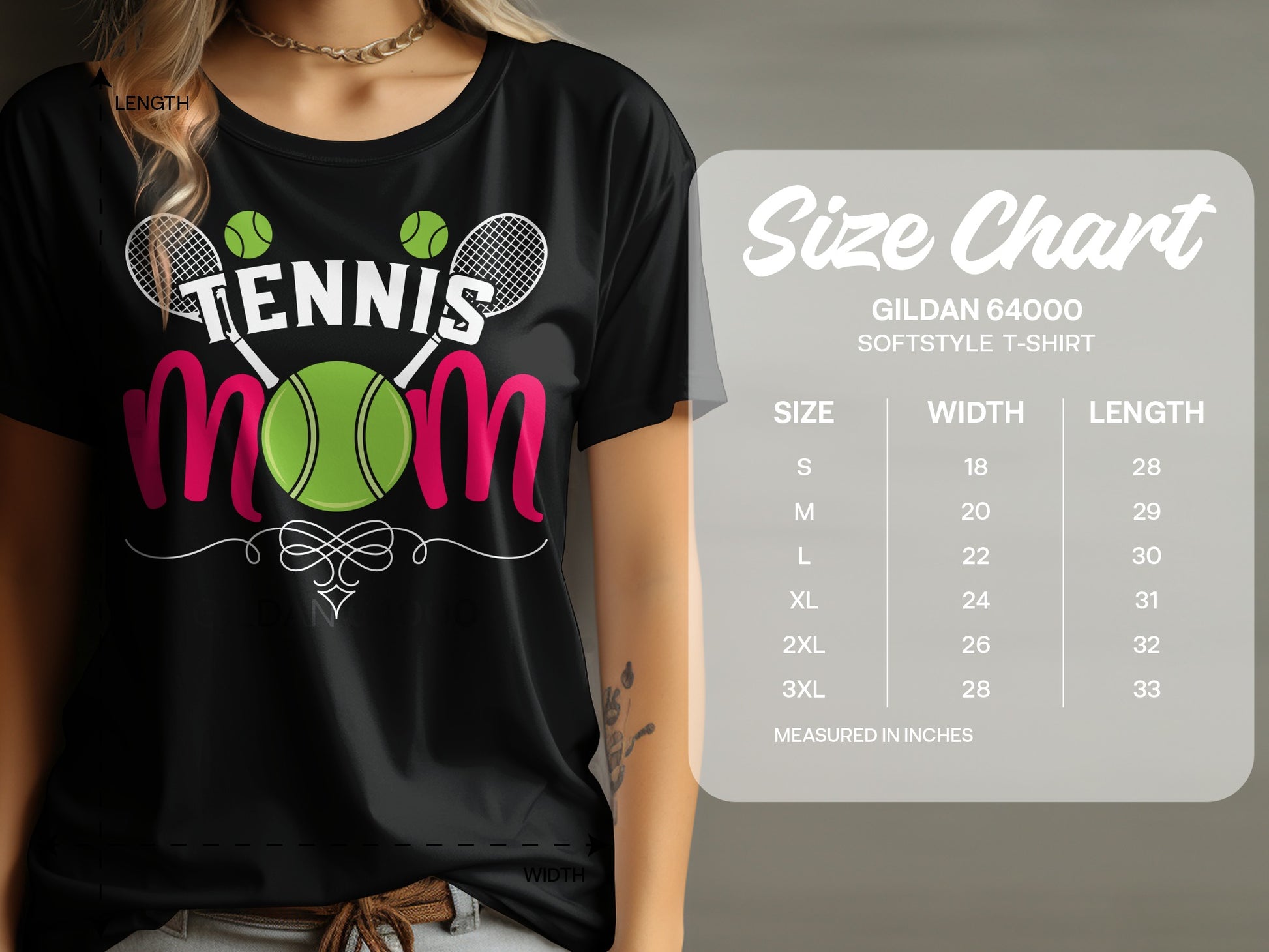 Black t-shirt with "TENNIS Mom" graphic and size chart.