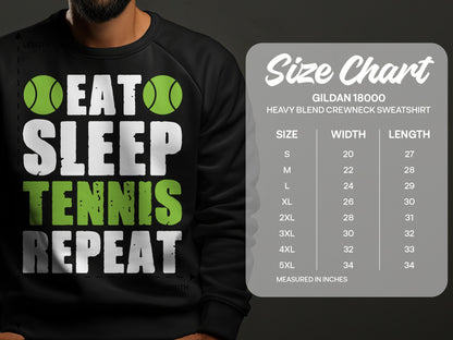 Gildan 18000 sweatshirt size chart with tennis graphic.