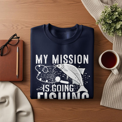 Navy sweatshirt with "My Mission Is Going Fishing" text and fish graphic.