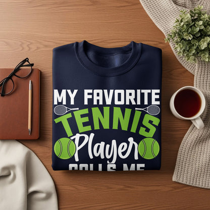 Navy sweatshirt with "MY FAVORITE TENNIS PLAYER" in green text.