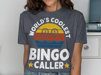 Dark grey t-shirt with "WORLD'S COOLEST BINGO CALLER" in bold text and bingo balls.