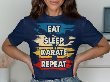 Navy t-shirt with "EAT SLEEP KARATE REPEAT" in distressed text.