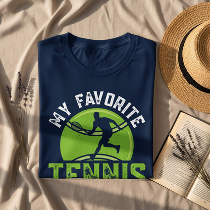 Navy t-shirt with "My Favorite Tennis" text and a tennis player graphic.