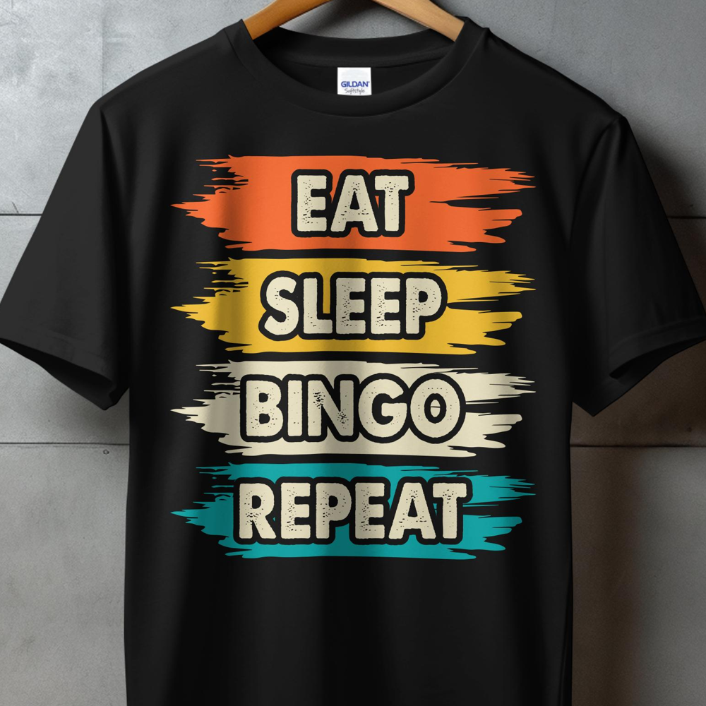 Black t-shirt with "Eat Sleep Bingo Repeat" text in colorful brush strokes.