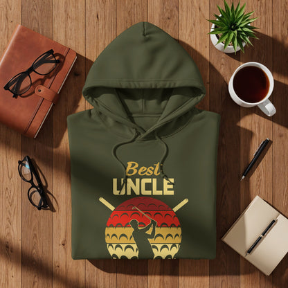 Olive green hoodie with "Best Uncle" text and golf silhouette on wooden background.