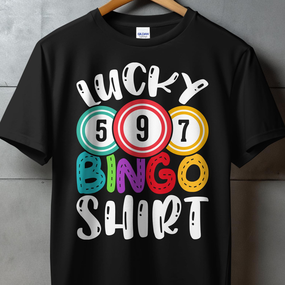 Black t-shirt with colorful "Lucky Bingo Shirt" graphic.