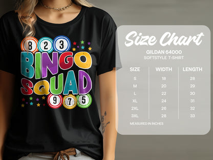 Black t-shirt with "Bingo Squad" design and size chart.