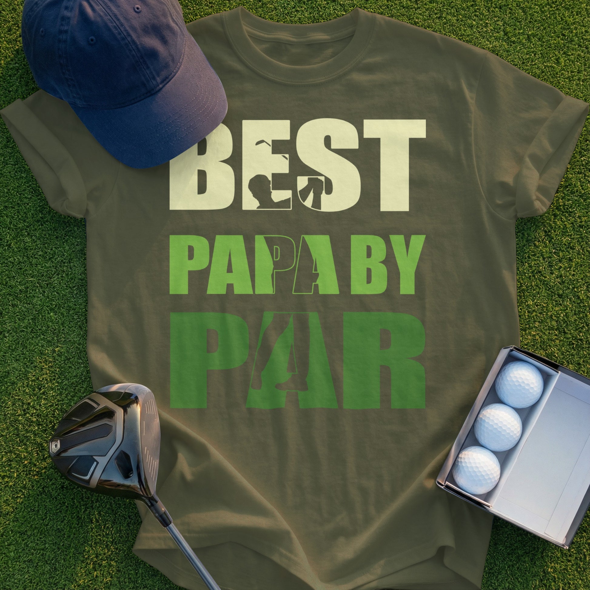 Green t-shirt with "BEST PAPA BY PAR" text and golf imagery.