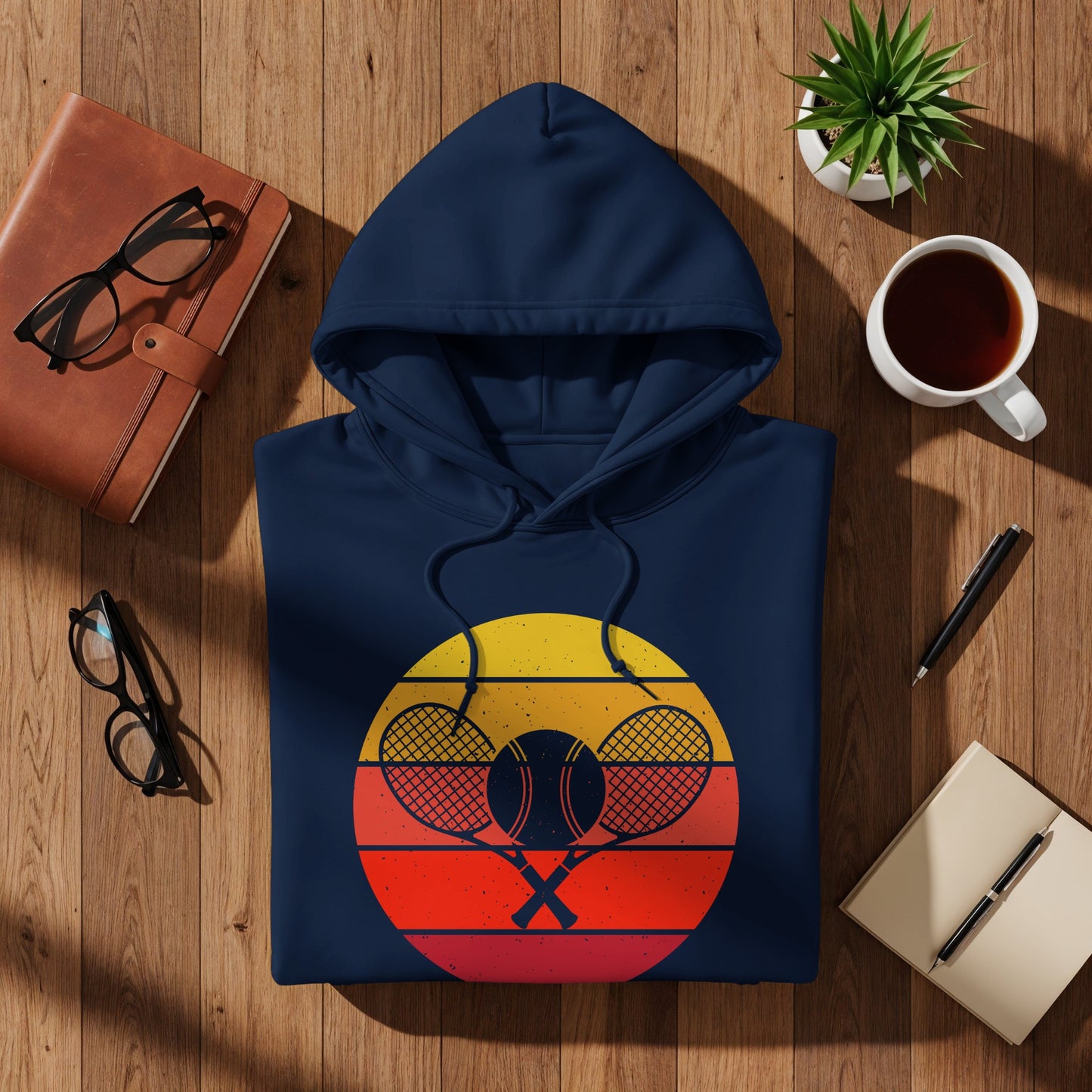 Navy hoodie with crossed tennis rackets and sunset graphic.