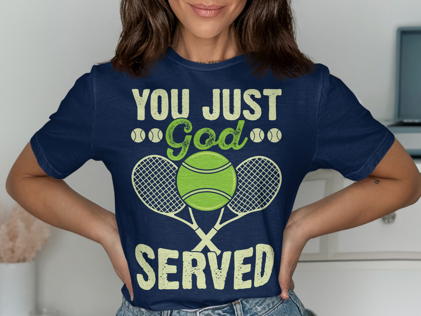 Navy t-shirt with "YOU JUST God SERVED" and tennis graphics.