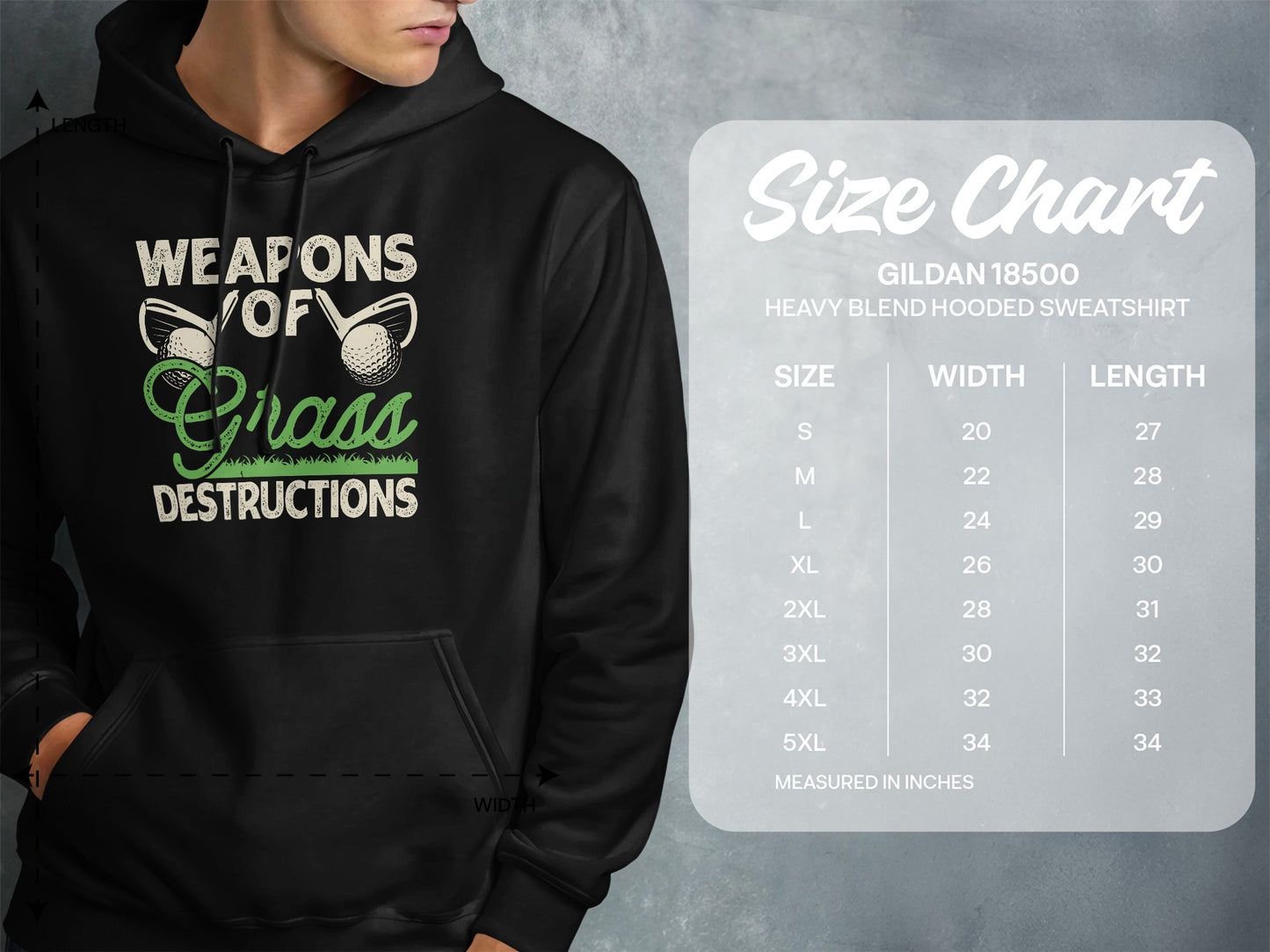 Size chart for Gildan 18500 hooded sweatshirt, measured in inches.