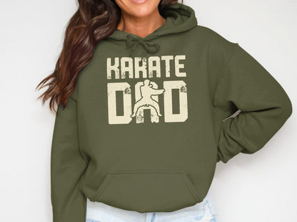 Olive green hoodie with "KARATE DAD" graphic.