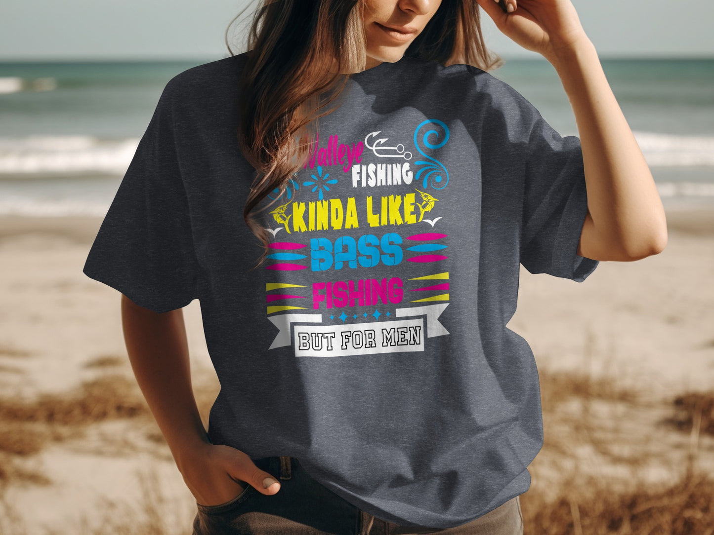 T-shirt with "Fishing is kinda like Bass Fishing, but for men" text.