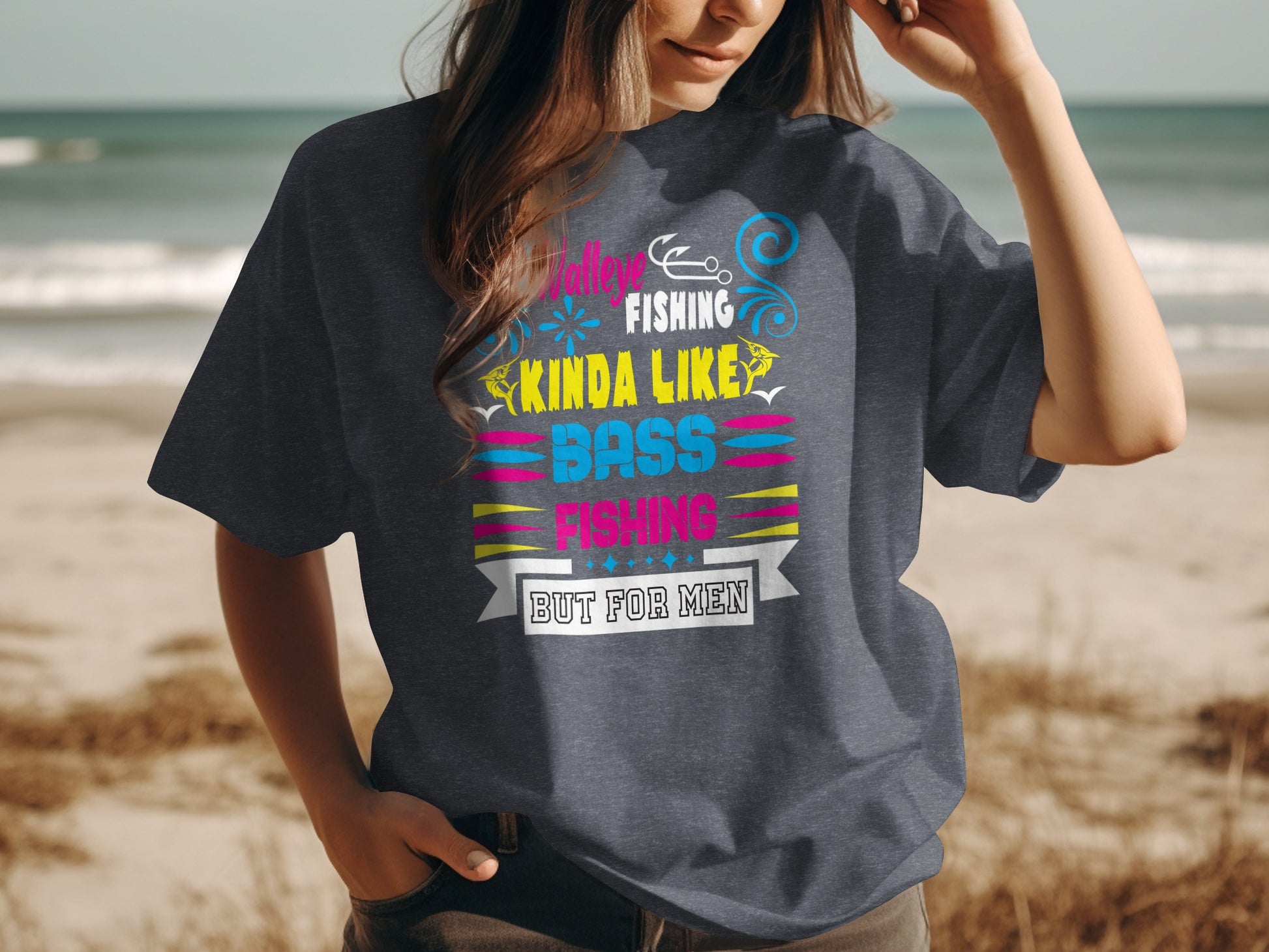 T-shirt with "Fishing is kinda like Bass Fishing, but for men" text.