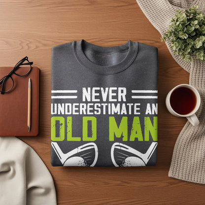 Dark gray sweatshirt with white and green text and golf clubs.