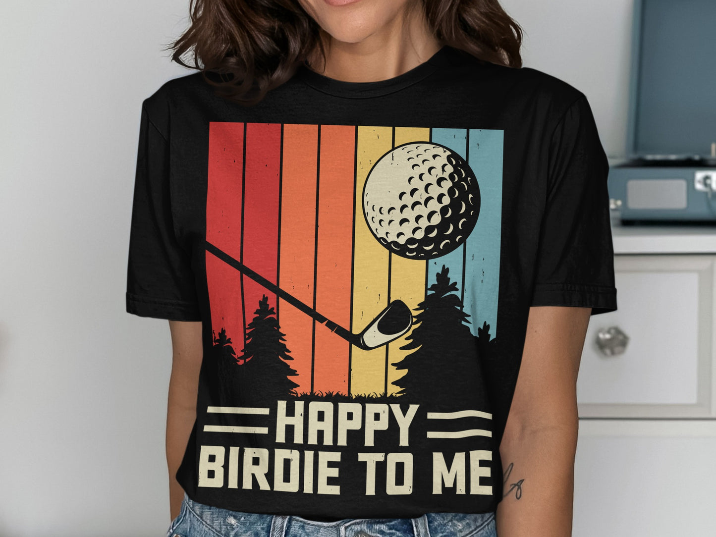 Black t-shirt with vintage sunset, golf ball, and "HAPPY BIRDIE TO ME" text.