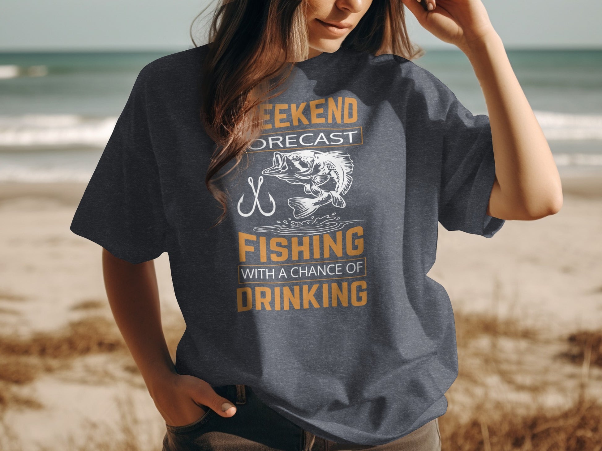 Dark grey t-shirt with "Weekend Forecast: Fishing with a Chance of Drinking" text.