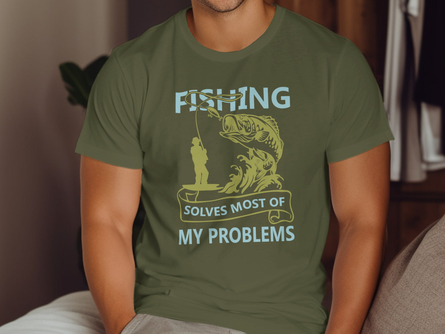 Green t-shirt with "FISHING SOLVES MOST OF MY PROBLEMS" and fishing graphic.