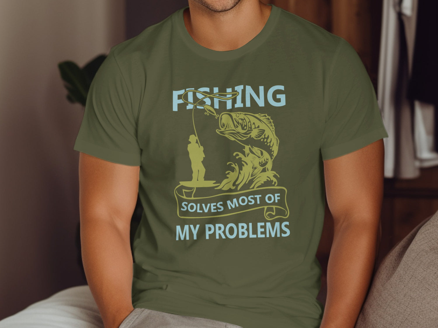 Green t-shirt with "FISHING SOLVES MOST OF MY PROBLEMS" and fishing graphic.