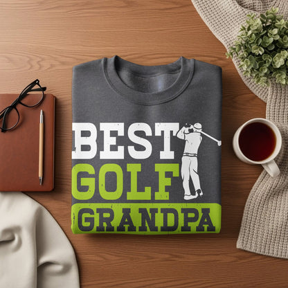 Dark gray sweatshirt with "BEST GOLF GRANDPA" text and golfer silhouette.