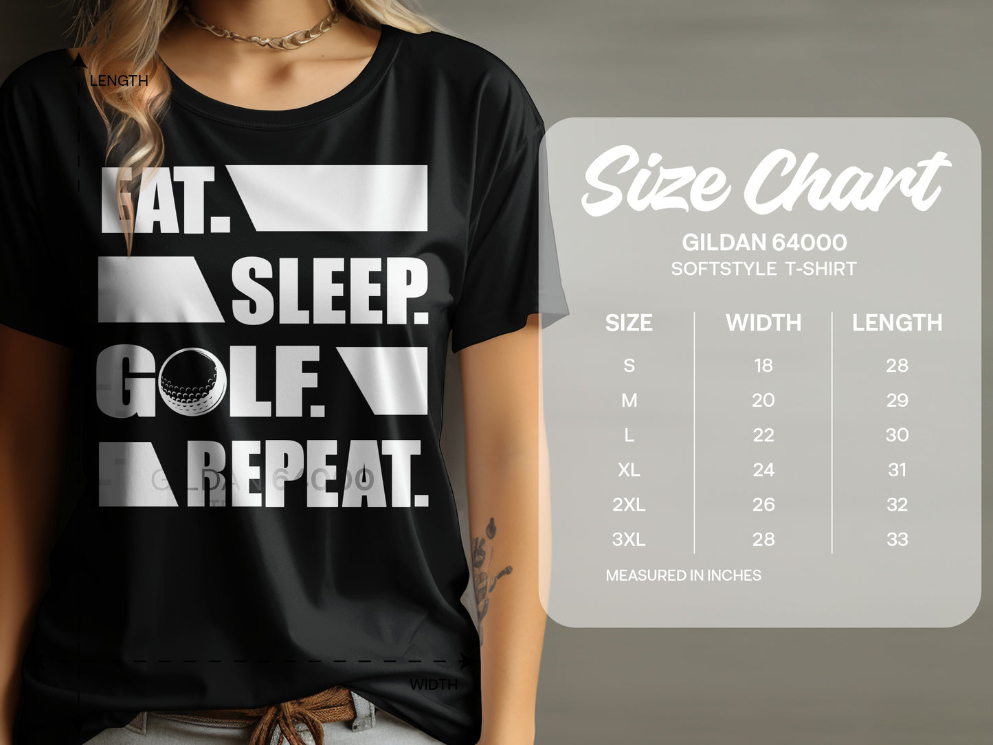 Black t-shirt with "Eat Sleep Golf Repeat" text and a size chart.