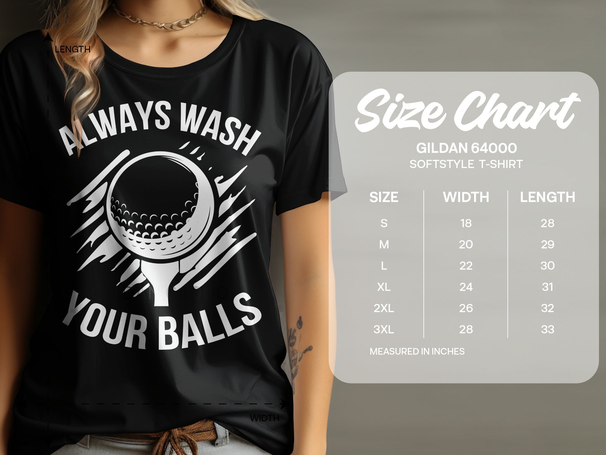 Black t-shirt with "ALWAYS WASH YOUR BALLS" and golf ball graphic.