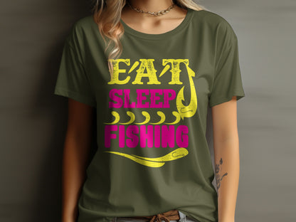Green t-shirt with "Eat Sleep Fishing" text and a fish graphic.