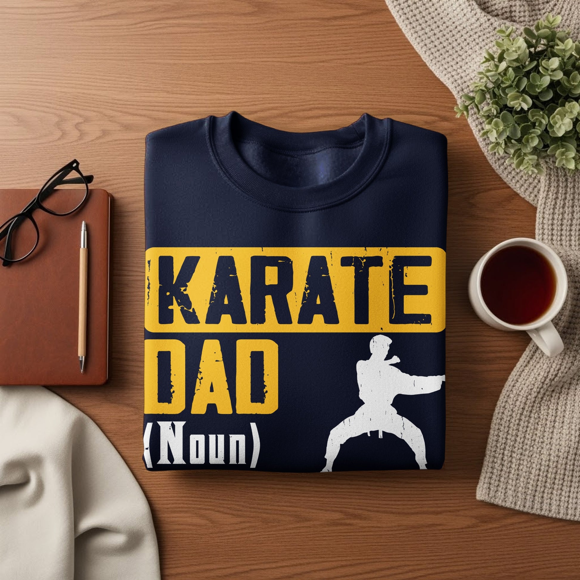 Dark blue sweatshirt with "KARATE DAD (Noun)" and karate silhouette.