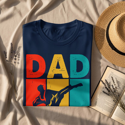 Navy blue t-shirt with "DAD" text and martial arts silhouette.